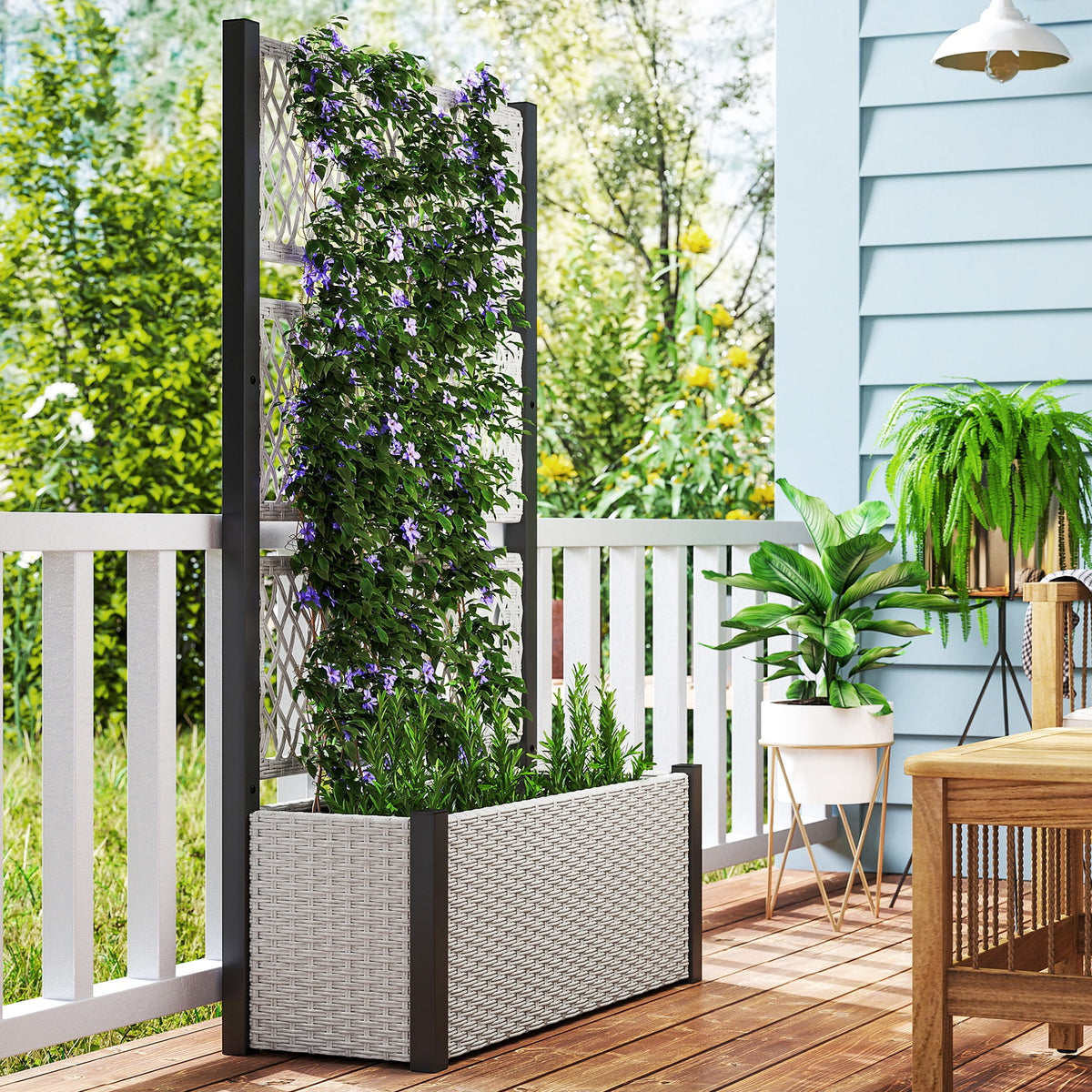 58" Wicker Outdoor Planter with Trellis and Privacy Screen, Mixed Grey — product view 4