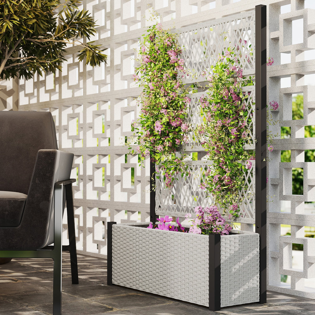 58" Wicker Outdoor Planter with Trellis and Privacy Screen, Mixed Grey — product view 3