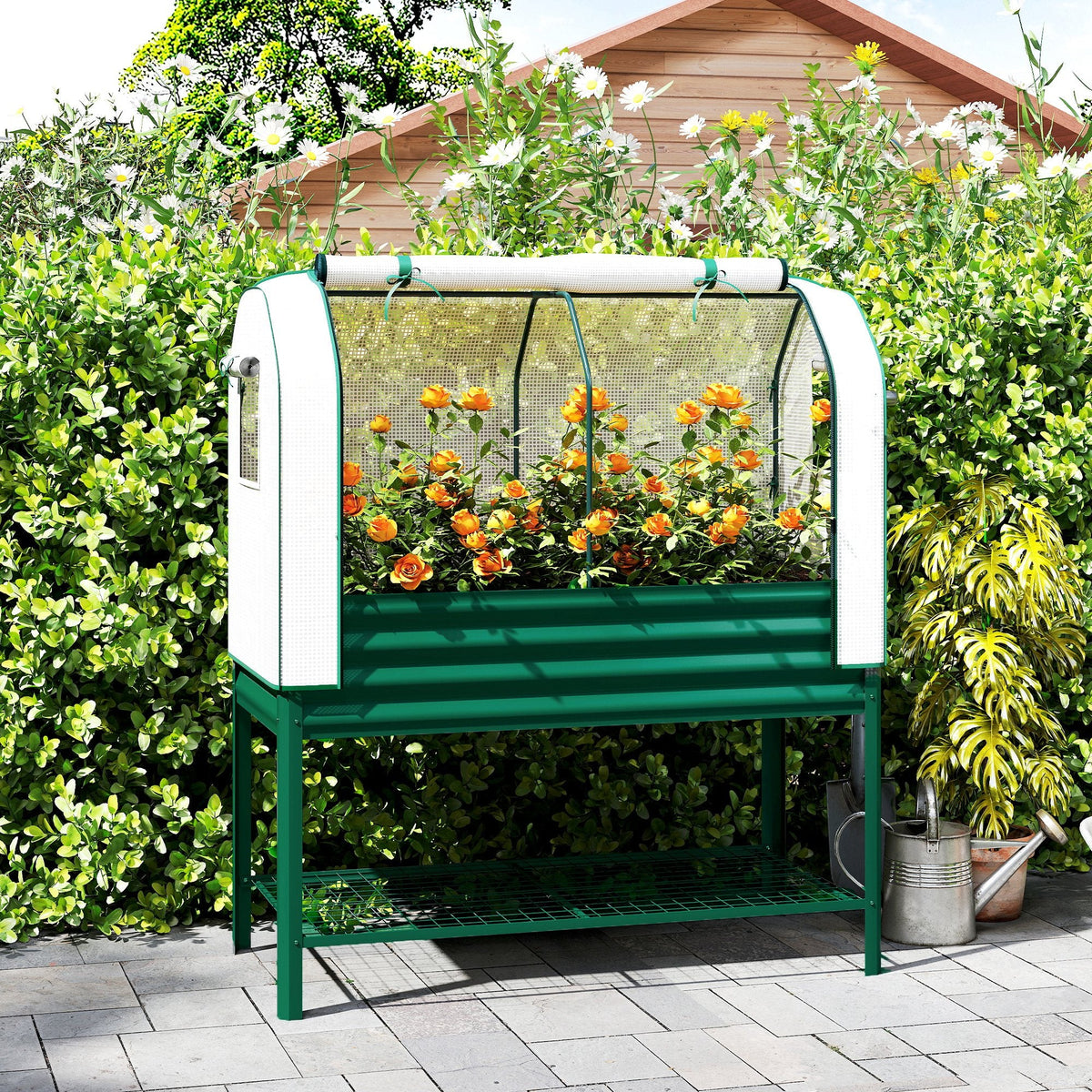 Galvanized Raised Garden Bed with Greenhouse Cover, Green — product view 3
