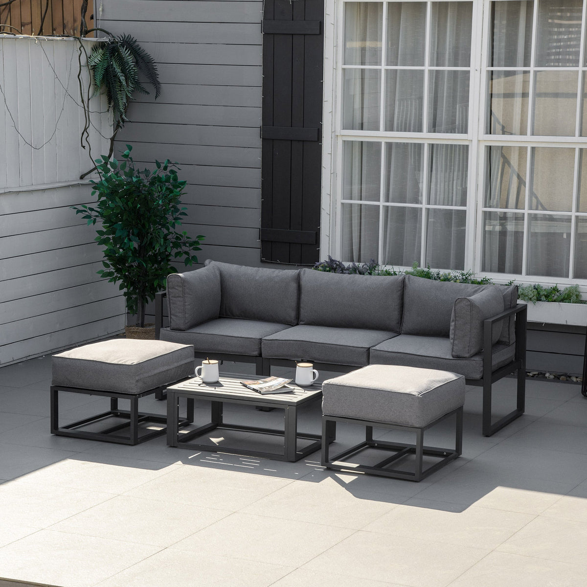 6pc Outdoor Patio Furniture Set with Daybed and Footstools, Grey — product view 3