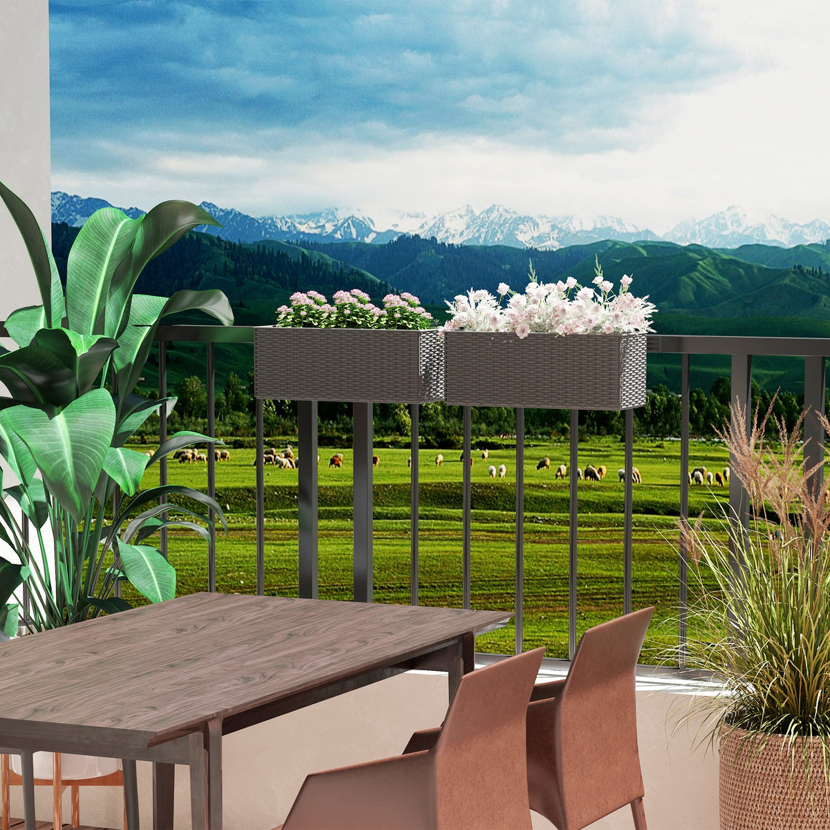 2 Pack 20" Railing Planter Boxes with Hooks and Drainage, Grey — product view 4