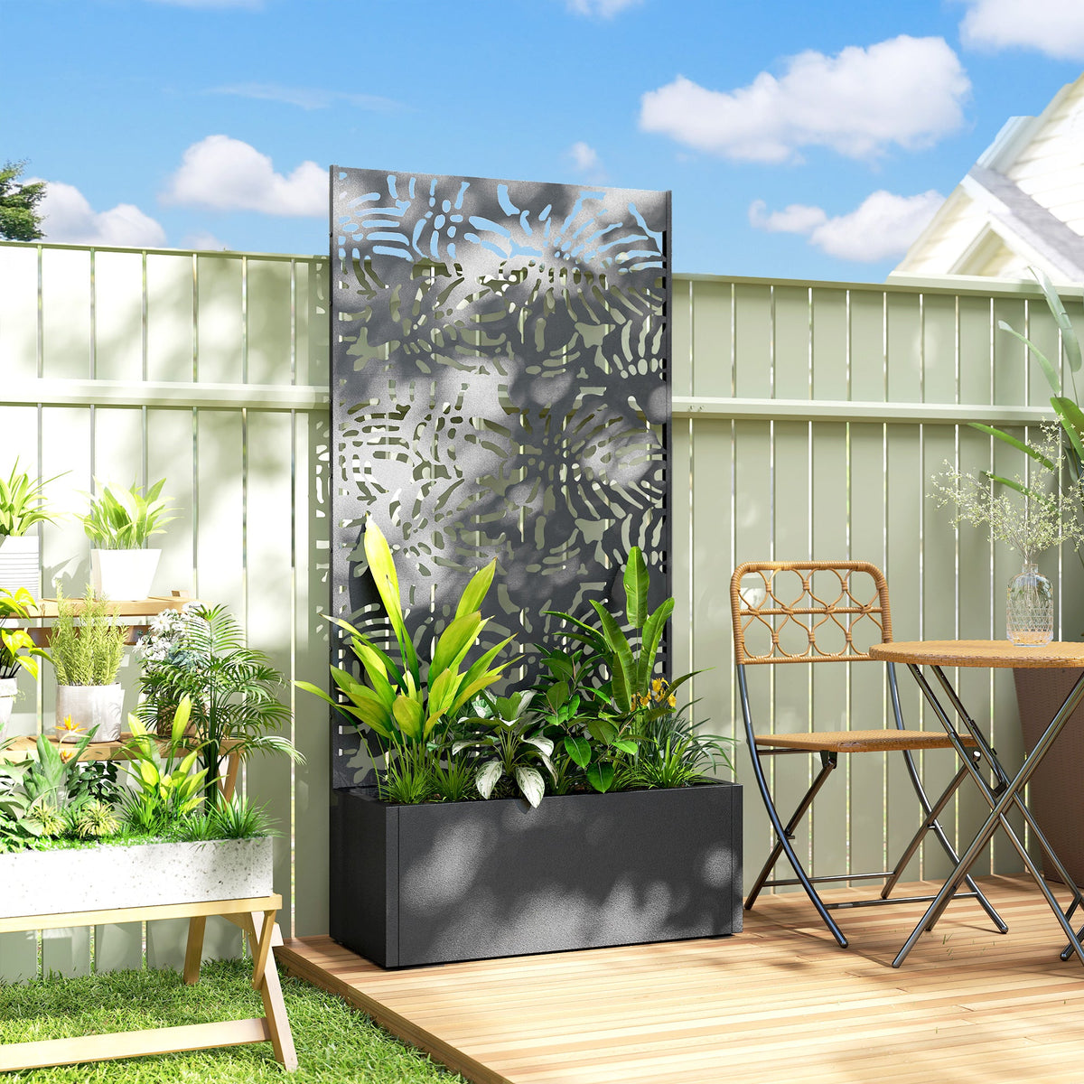 71" Metal Planter Box with Trellis, Banana-Leaf Cut-Out — product view 4