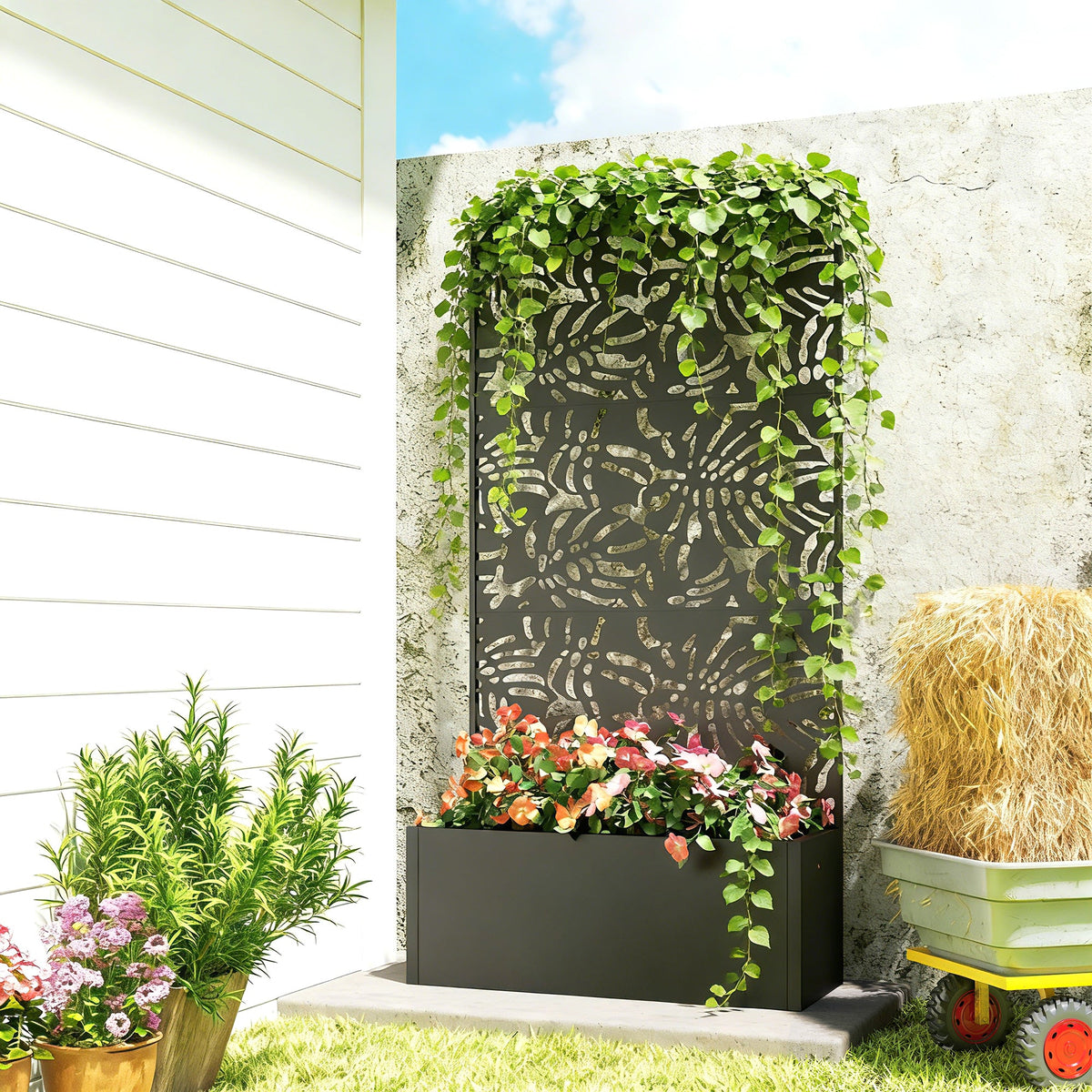 71" Metal Planter Box with Trellis, Banana-Leaf Cut-Out — product view 3