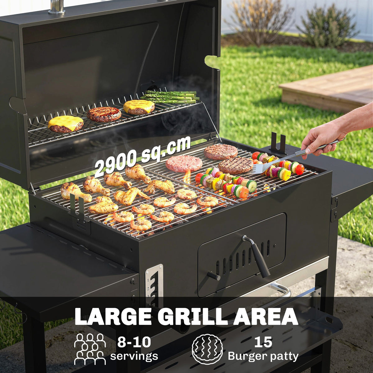 Charcoal BBQ Grill Smoker with Rotisserie Kit and Side Tables, Black — product view 7