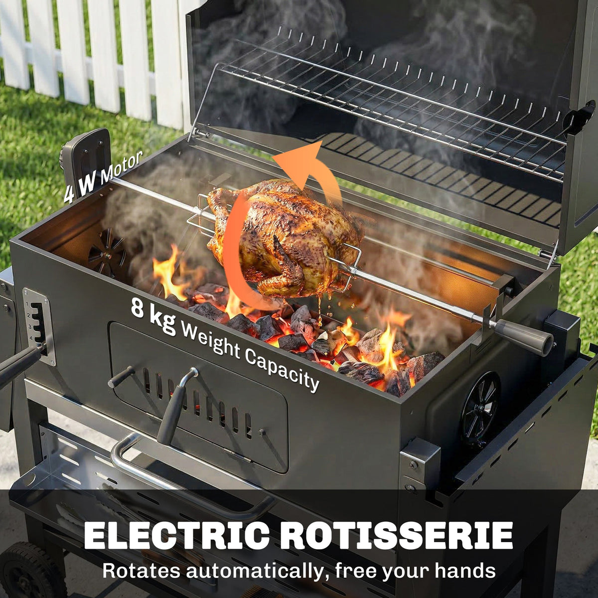 Charcoal BBQ Grill Smoker with Rotisserie Kit and Side Tables, Black — product view 6