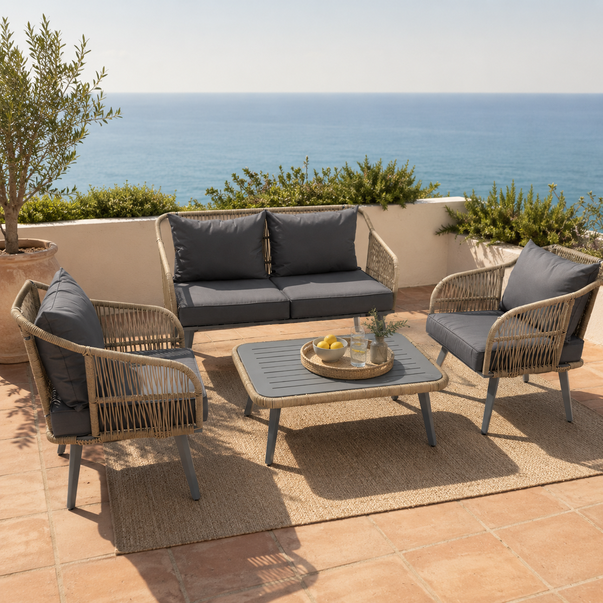 ARVOYA 4-Piece Rattan Conversation Set with Loveseat, 2 Armchairs & Acacia Table, Grey — product view 4