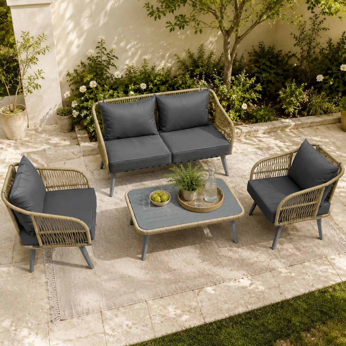 ARVOYA 4-Piece Rattan Conversation Set with Loveseat, 2 Armchairs & Acacia Table, Grey — product view 3
