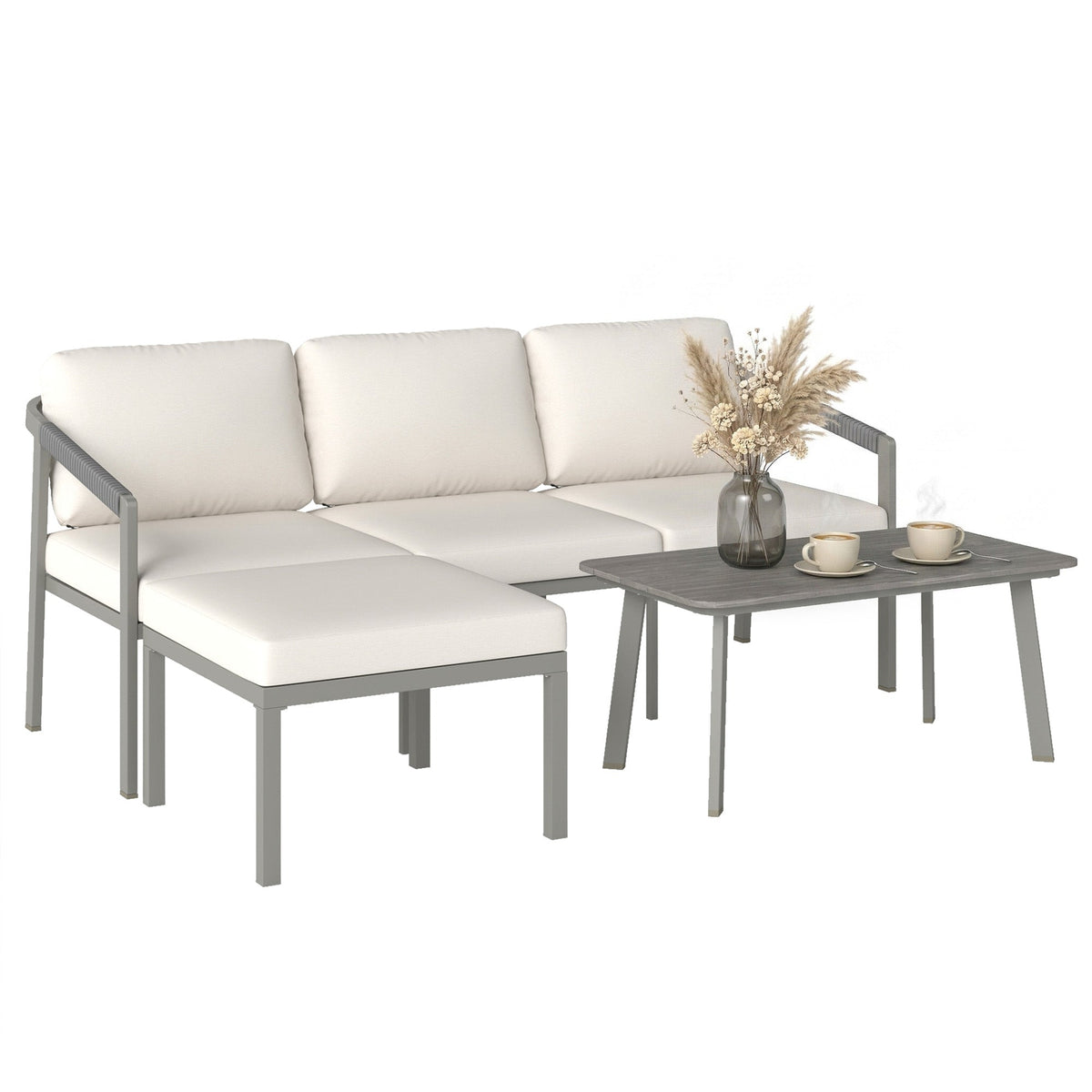 3 Piece Garden Furniture Set with Sofa, Footstool and Coffee Table, Grey — product view 2