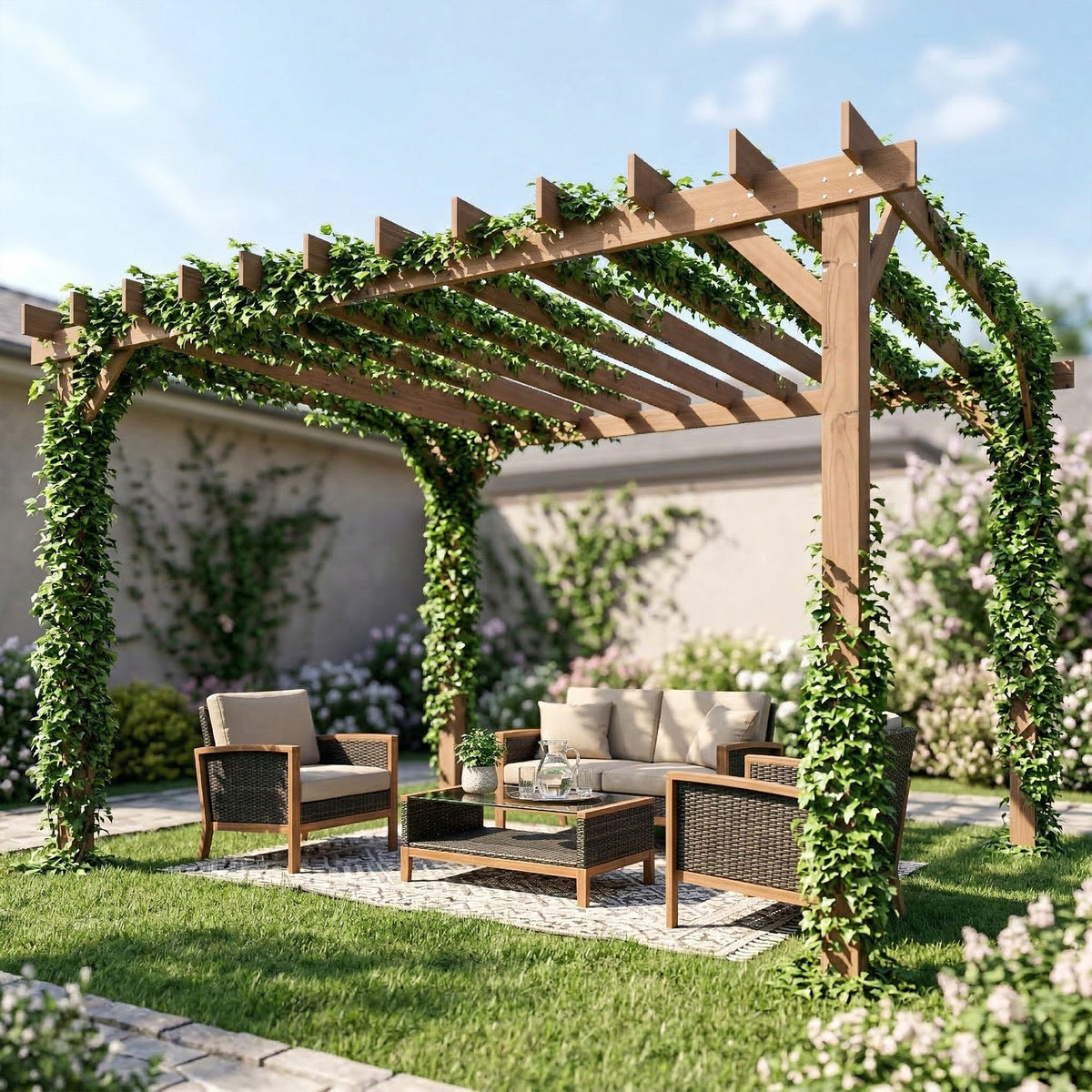 PerArbor Wooden Pergola Kit 3 x 3 m Maple with Triangle Supports & Grape Trellis — product view 4