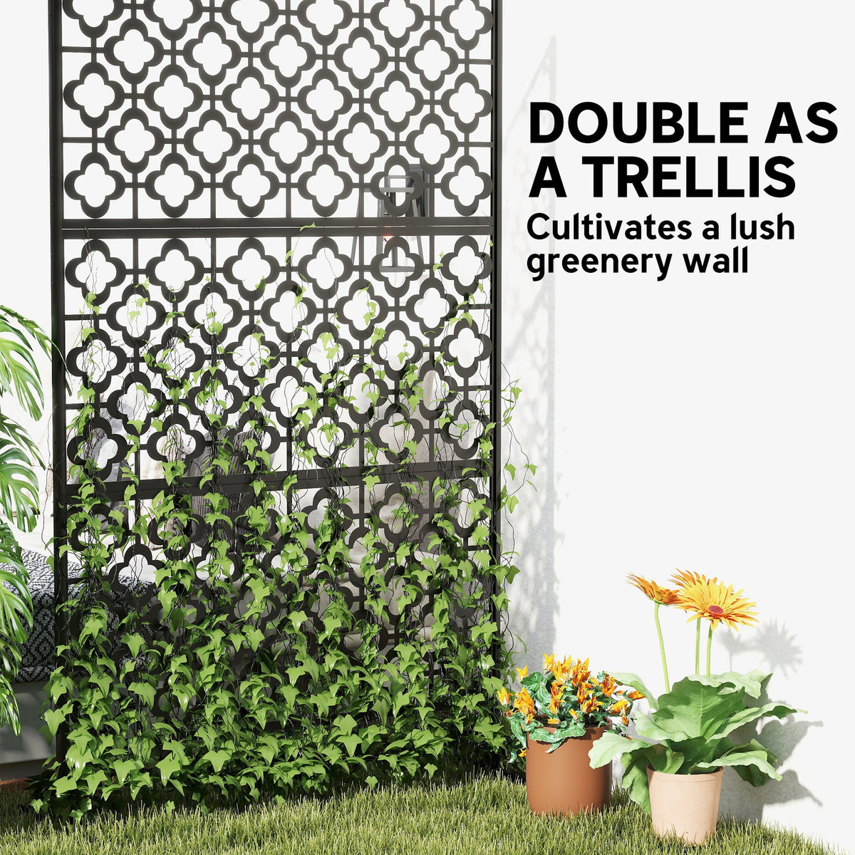 78" x 48" Metal Outdoor Privacy Screen, Quatrefoil Design, Black — product view 7