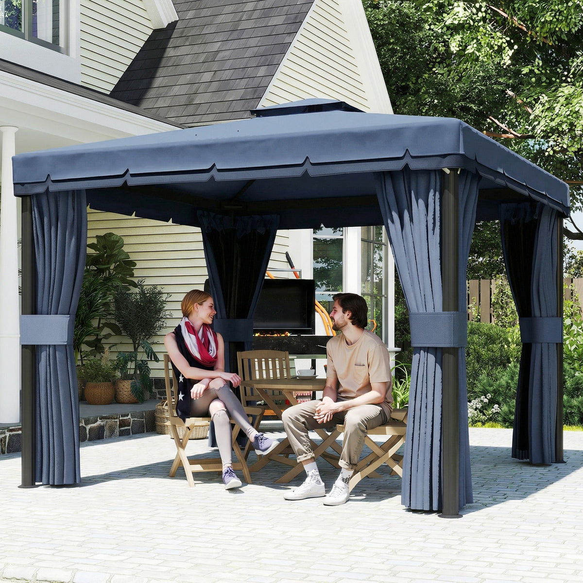 3 x 3 m Patio Gazebo with 2-Tier Roof, Netting & Curtains, Dark Blue — product view 4