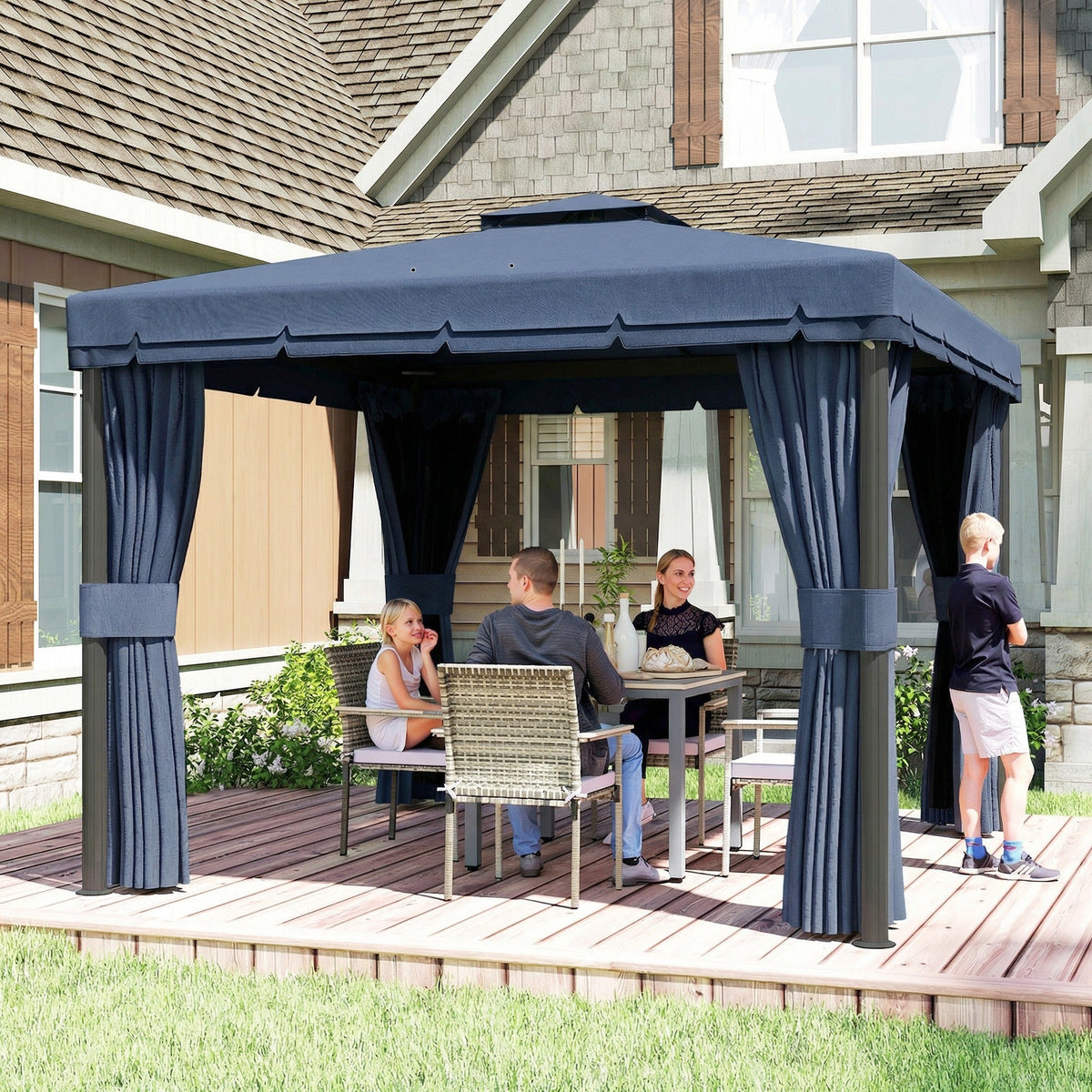 3 x 3 m Patio Gazebo with 2-Tier Roof, Netting & Curtains, Dark Blue — product view 3