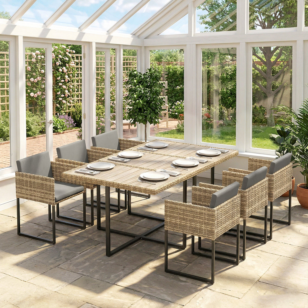 7-Piece Light Brown Rattan Dining Set with WPC Table, 6 Chairs & 12 Cushions — product view 4