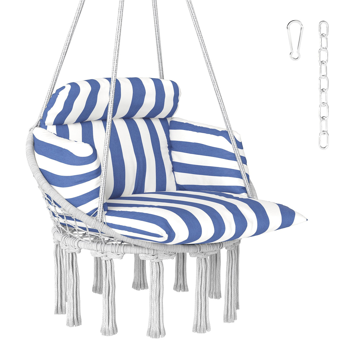 Macrame Hammock Swing Chair with Cushion, Blue and White — product view 1