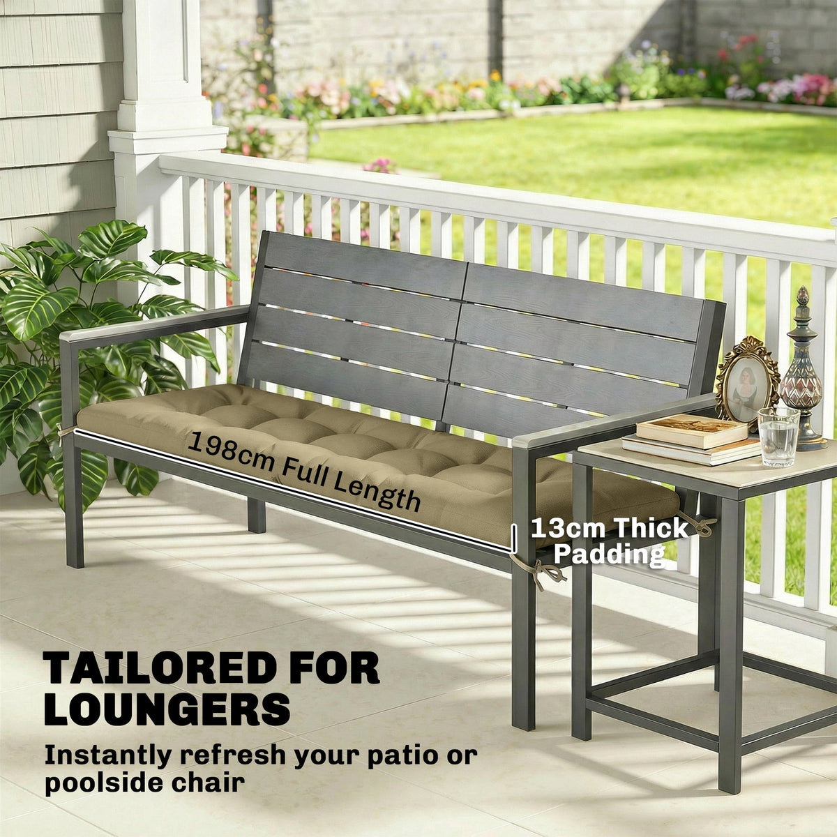 Memory Foam Sun Lounger Cushion with Ties, 190 x 60 cm, Sand — product view 6