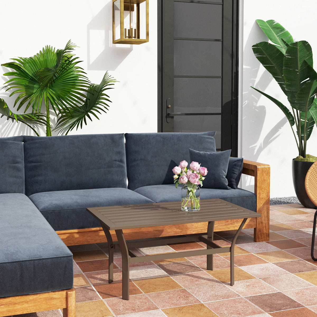Outdoor Metal Coffee Table with Slatted Top, Brown — product view 4