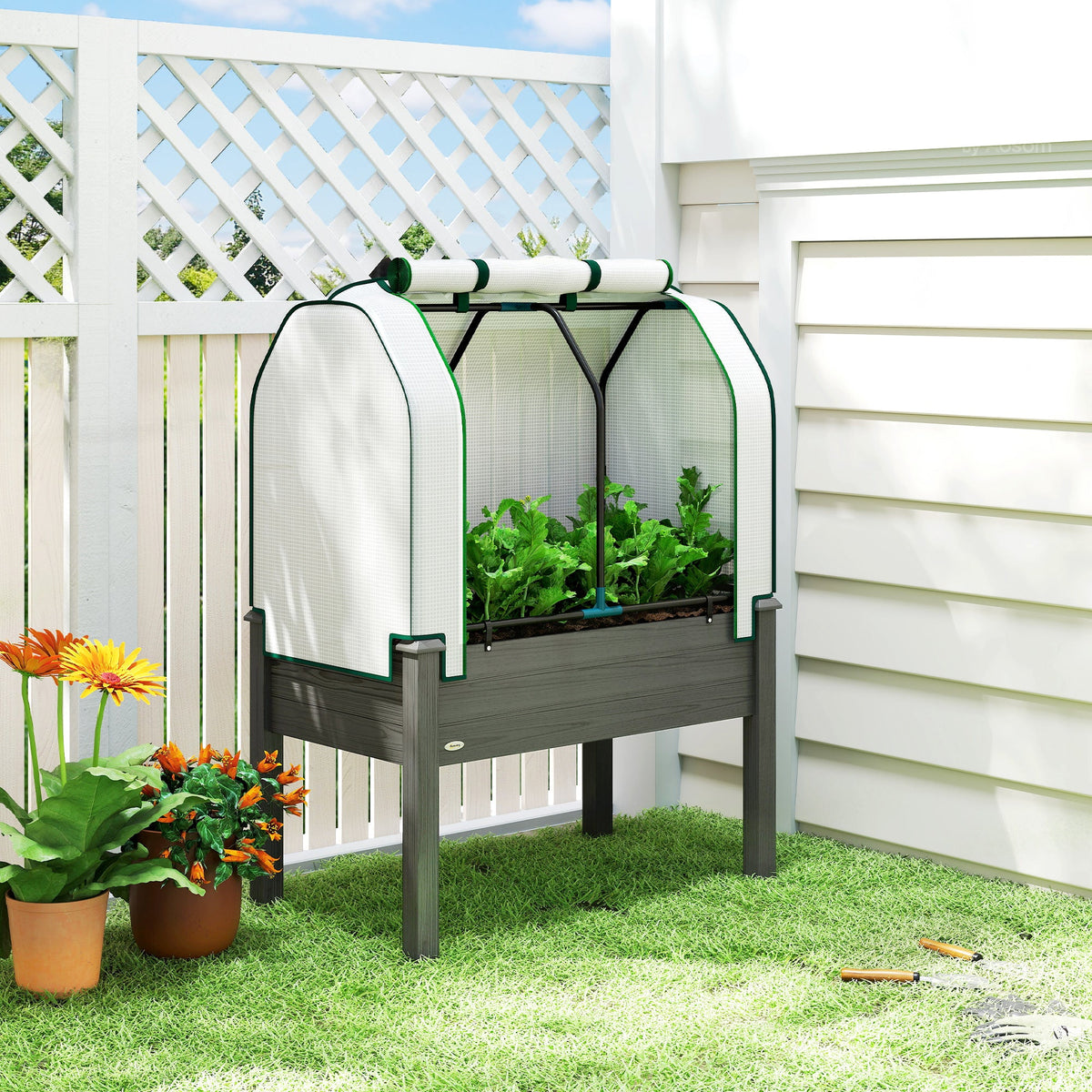 Raised Garden Bed with PE Greenhouse Cover for Herbs and Vegetables, 35 x 22 x 47 inch, Dark Gray — product view 3