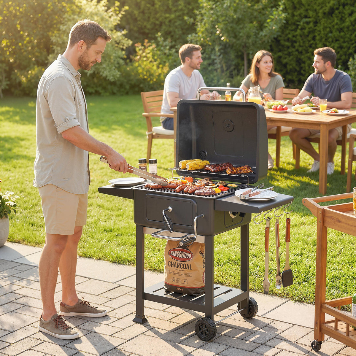 Charcoal BBQ Grill with Adjustable Pan, Side Tables and Chimney, Black — product view 4