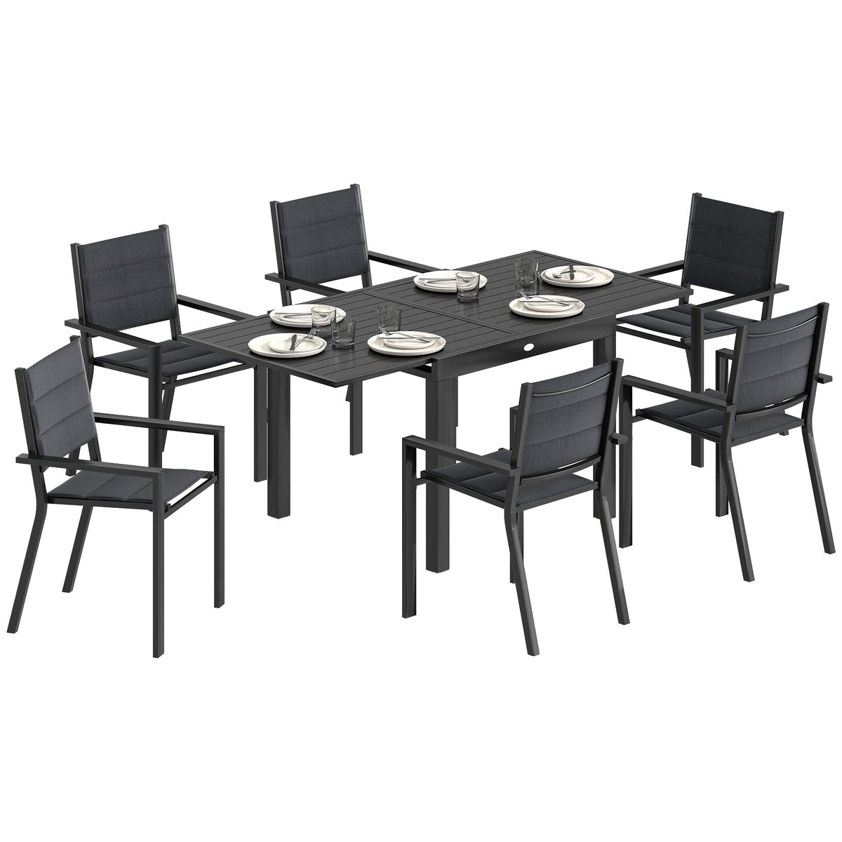 7pc Patio Dining Set with Expandable Table and Stackable Chairs, Black — product view 1