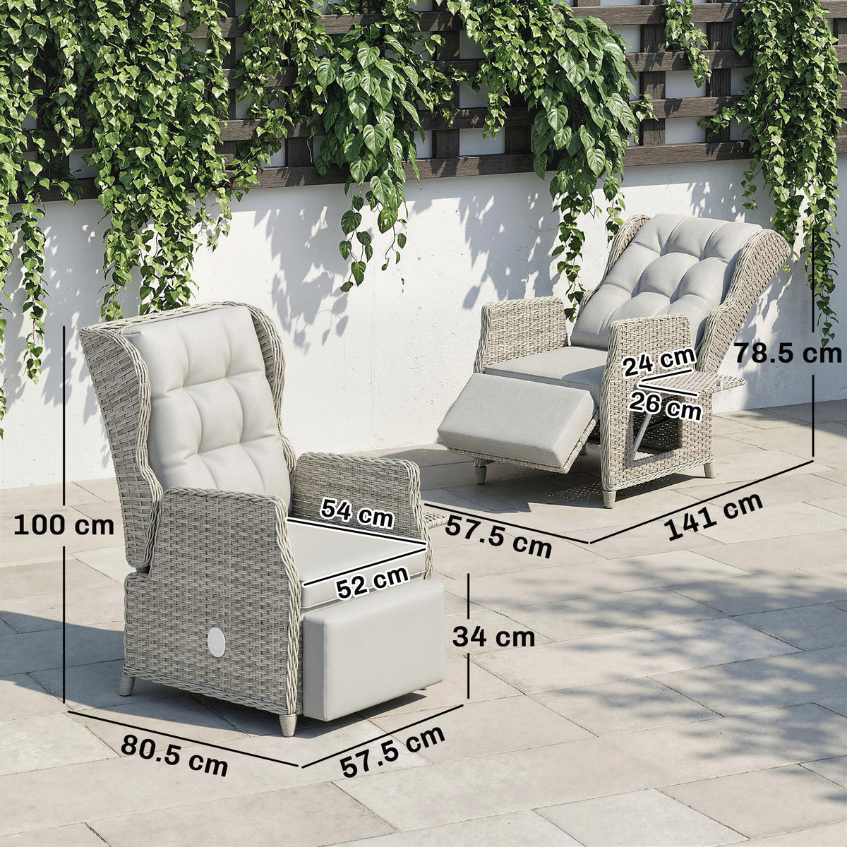 Rattan Garden Recliner Chair with Footrest, Flip Table and Cushion, Light Grey — product view 5