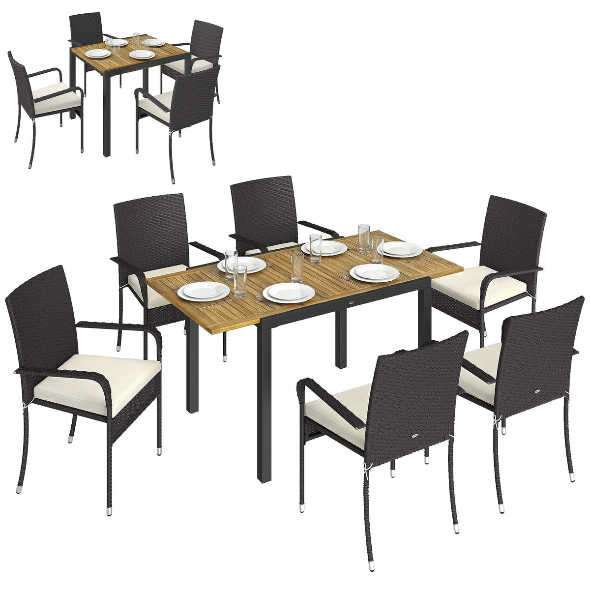 7-Piece Rattan 6-Seater Dining Set with Acacia Top and Cushions, Cream White — product view 1