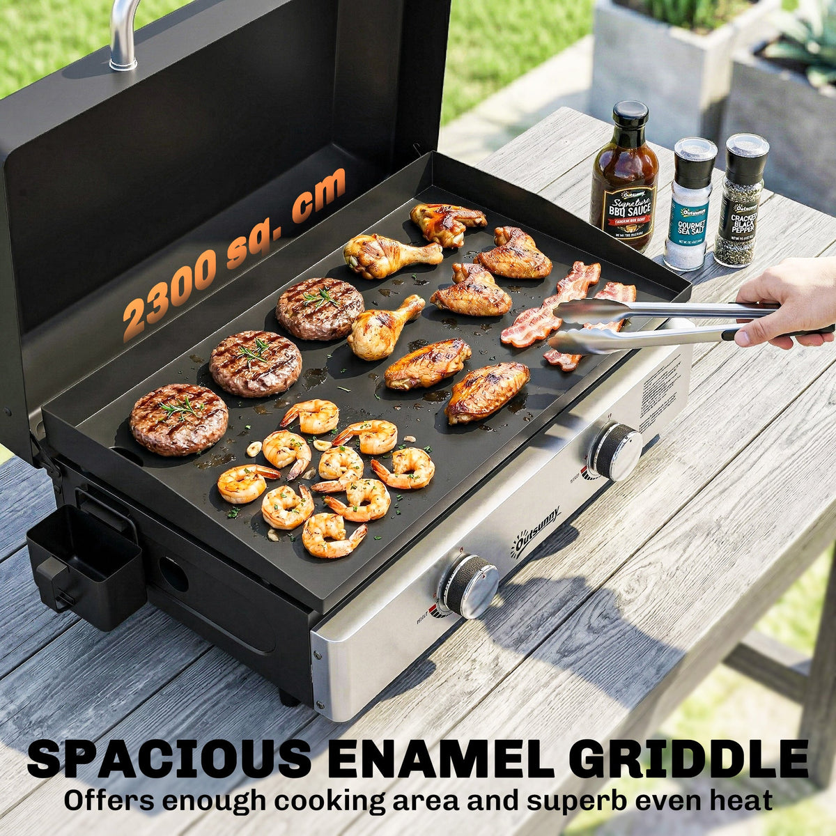 2-Burner Portable 6 kW Gas Plancha Tabletop Griddle with Grease Cup for Camping, Black — product view 7