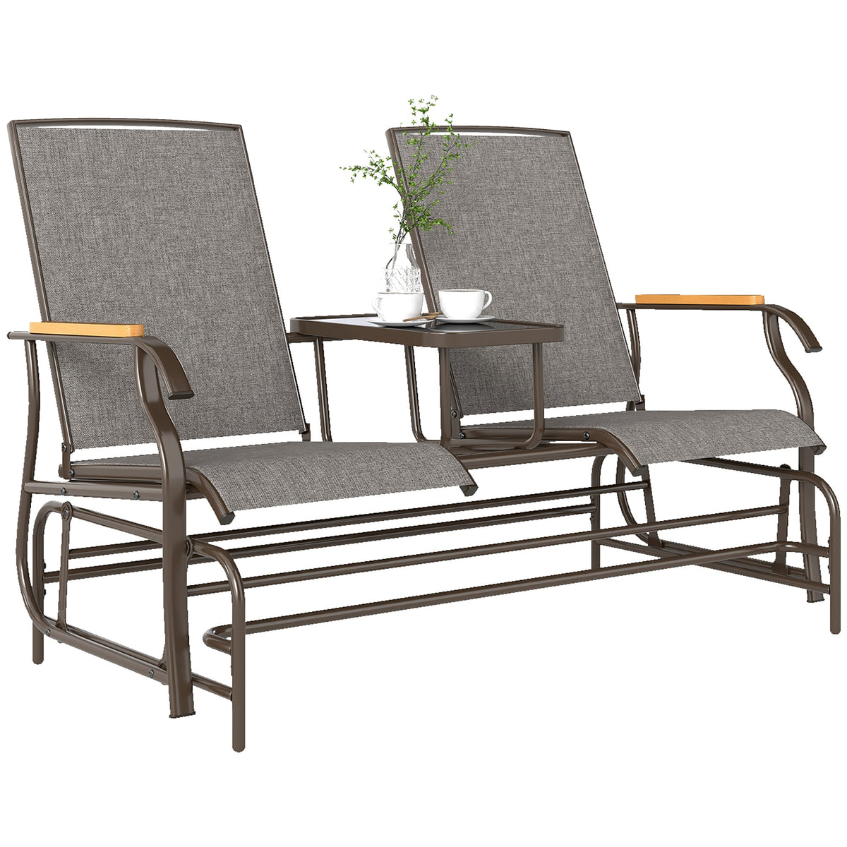 2-Person Outdoor Glider Bench with Table, Light Mixed Brown — product view 2