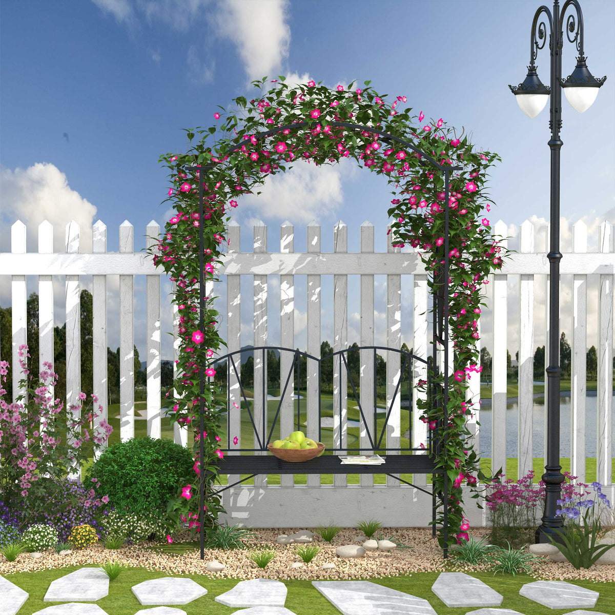 2 Seater Metal Garden Bench with Arch for Climbing Plants, Black — product view 3