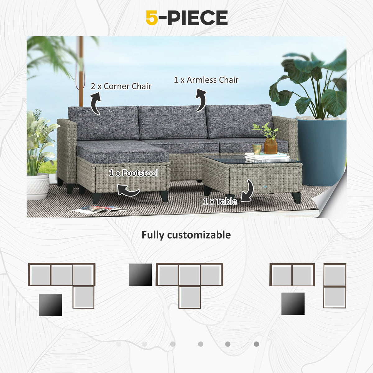 5 Piece PE Rattan Garden Furniture Set with Corner Sofa & Glass Table, Dark Grey — product view 6