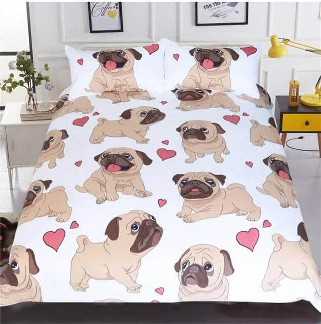 LoungeYard | 3pcs Hippie Pug Puppy Cartoon Comfortable Duvet Cover Bedding Set — product view 1