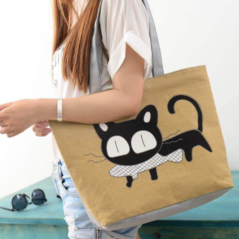 LoungeYard | Women Canvas Casual Shoulder Tote Cat Handbags — product view 5