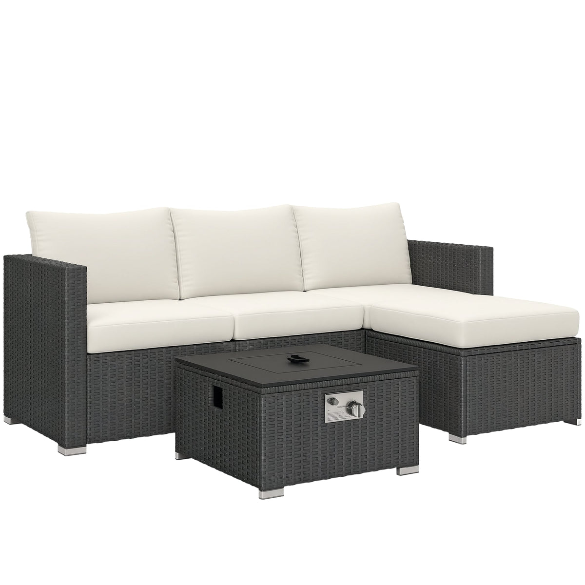 5 Piece Rattan Garden Furniture Set with Gas Fire Pit Table & Footstool, Black/Cream — product view 1