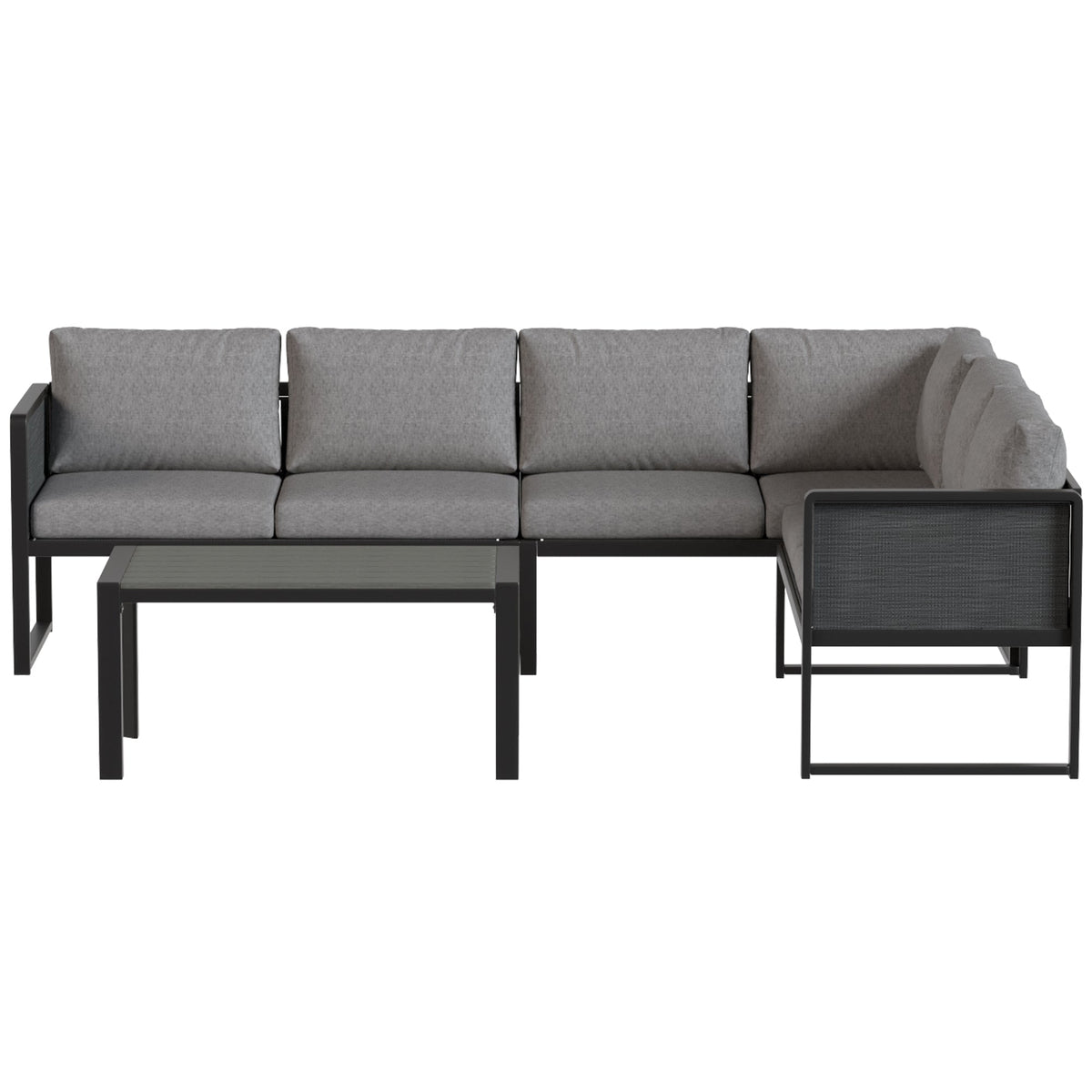6 Seater Metal Garden Corner Sofa Set with Faux Wood Table, Dark Grey — product view 2