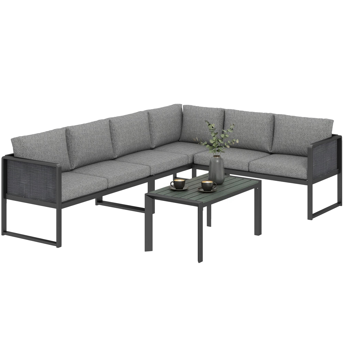 6 Seater Metal Garden Corner Sofa Set with Faux Wood Table, Dark Grey — product view 1
