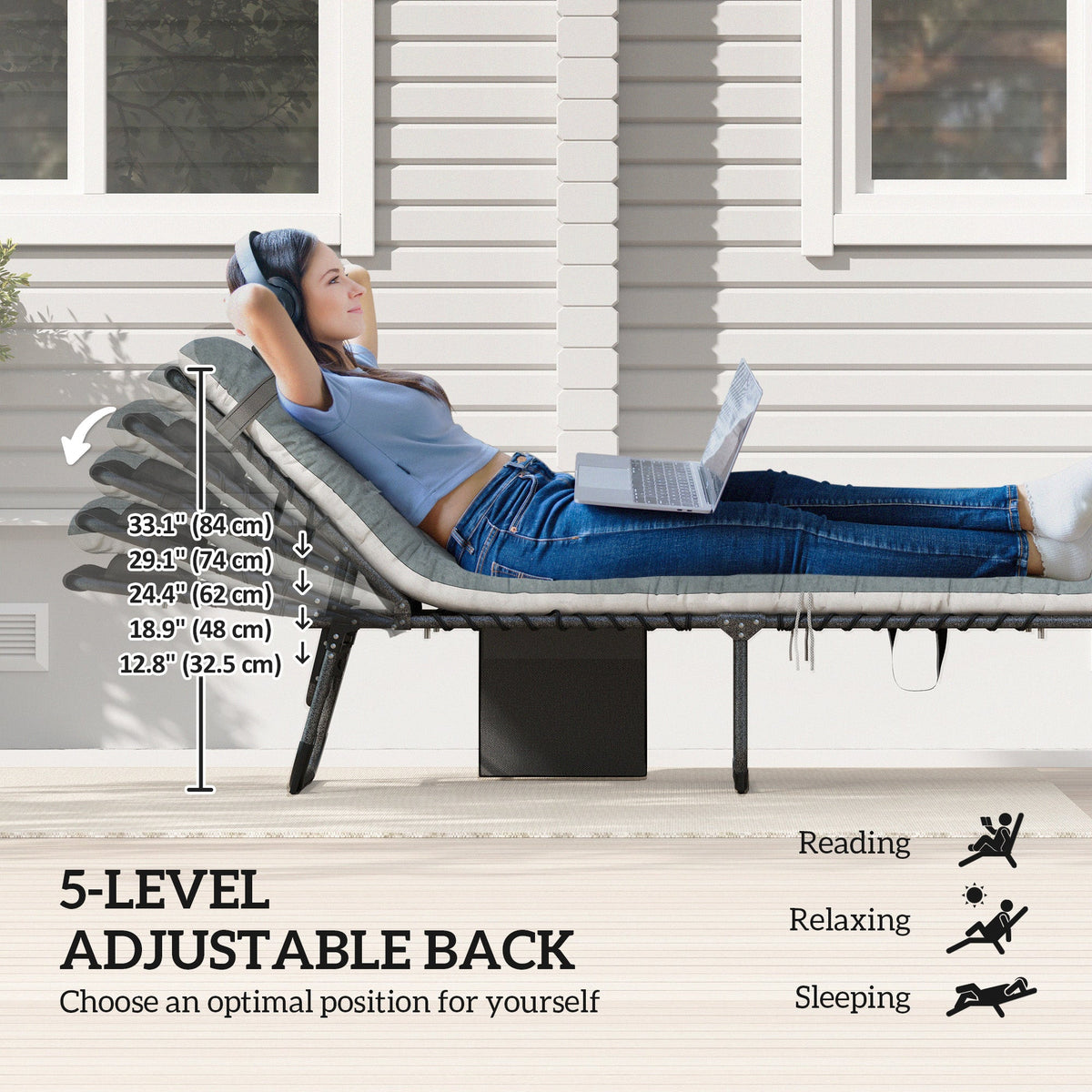 Set of 2 Folding Lounge Chairs with Cushion and Side Pocket, Grey — product view 6