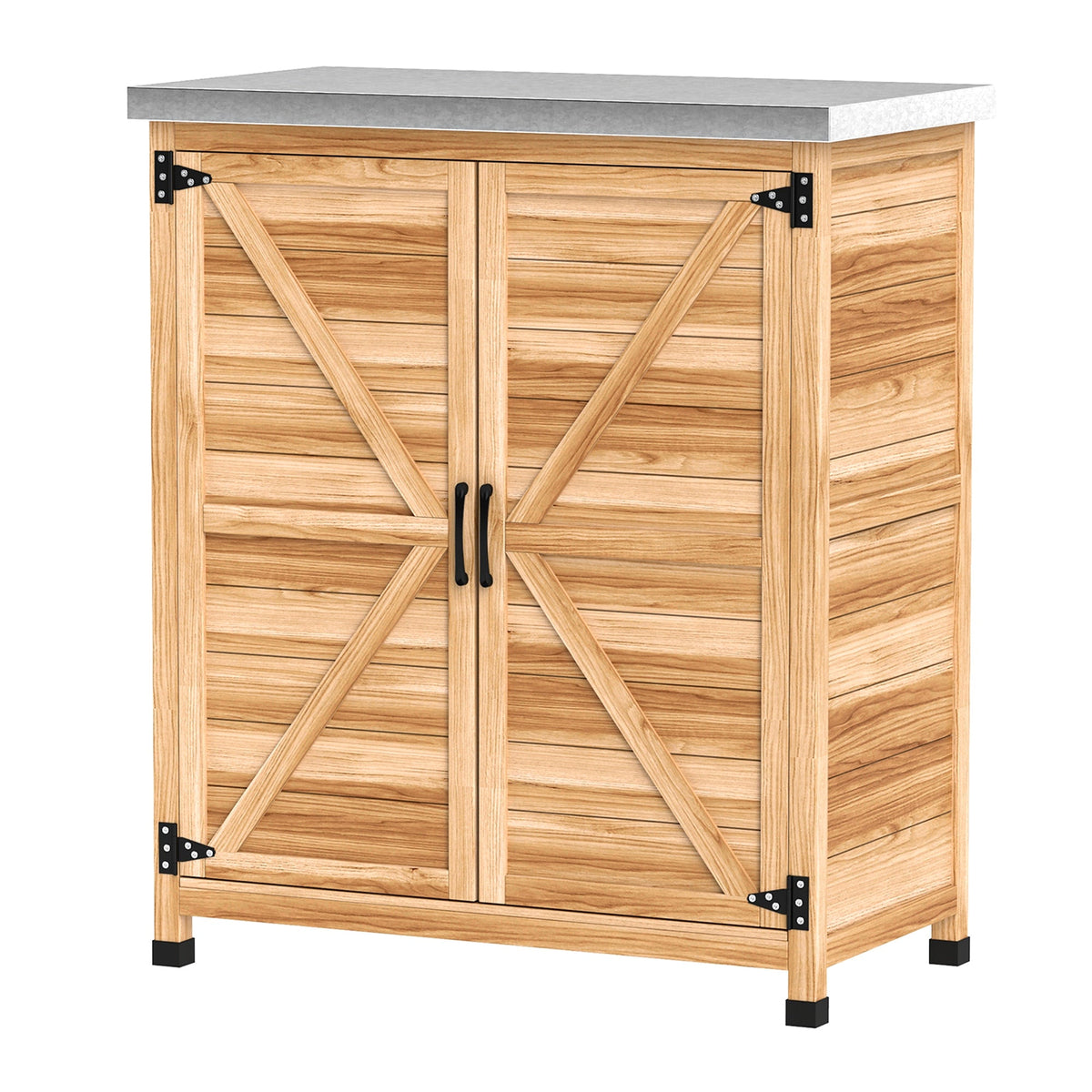 Garden Storage Cabinet with Metal Top, Shelf and Double Doors, Natural — product view 2
