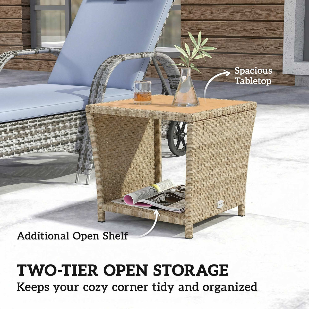 2-Tier PE Rattan Side Table with Storage Shelf, Khaki — product view 6