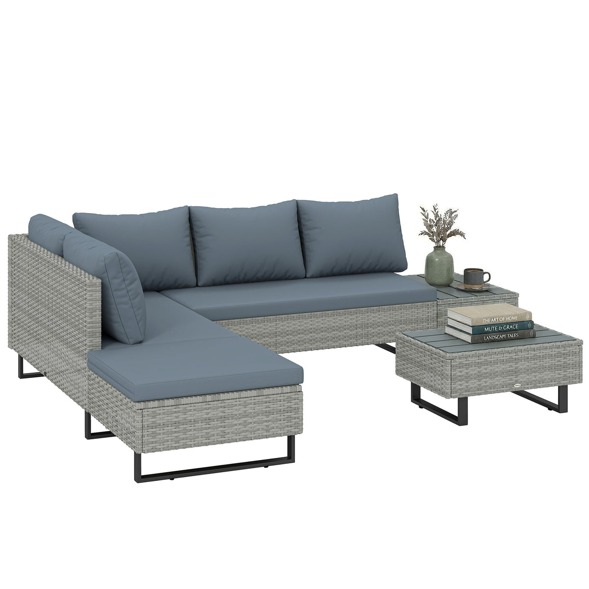 5-Seater Rattan Corner Sofa with Adjustable Backs, Table & Cushions, Grey — product view 2