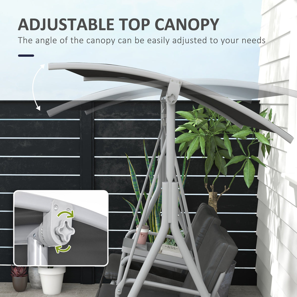 2-Person Porch Swing with Stand and Canopy, Gray — product view 6