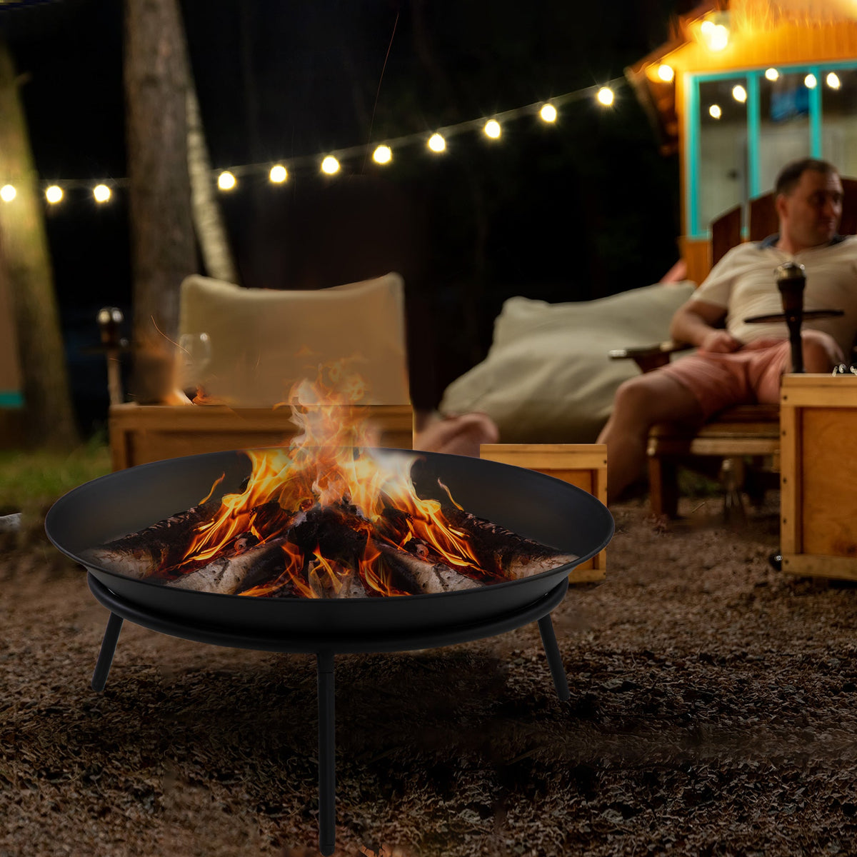 Dia. 47 x 21 cm Portable Outdoor Fire Pit with Poker, Black — product view 4