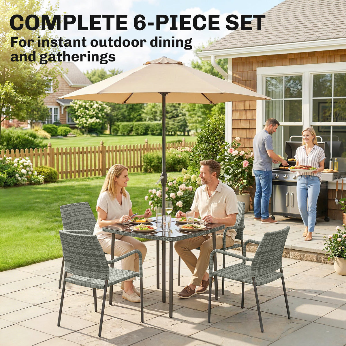 4-Person Rattan Dining Set with Tempered Glass & Tilting Parasol, Light Grey — product view 6