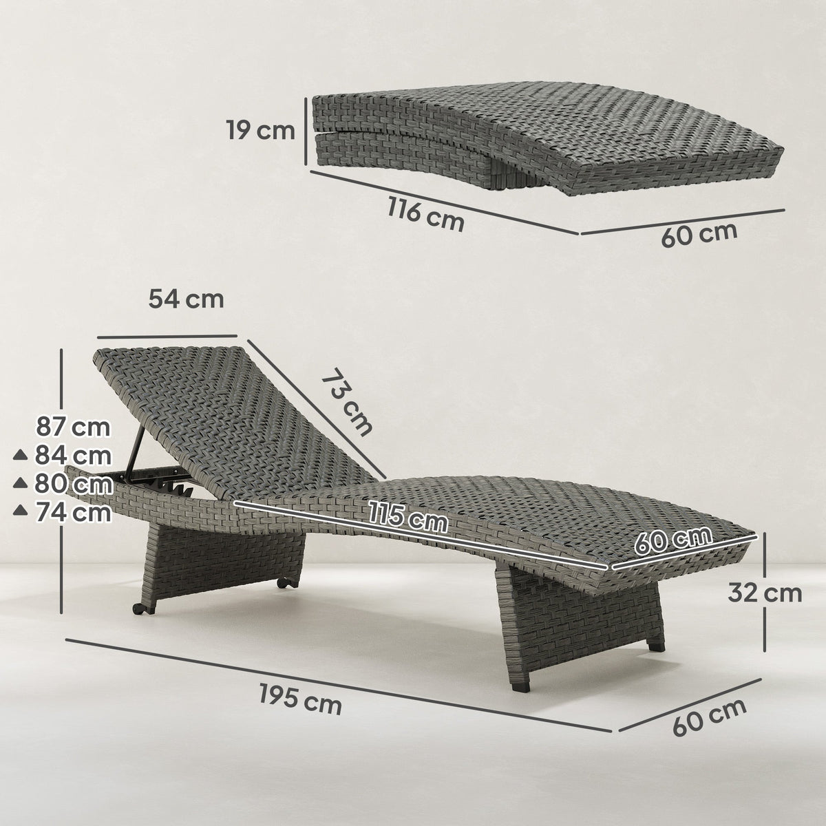 Folding PE Rattan Sun Lounger with Wheels & Adjustable Backrest, Mixed Grey — product view 5