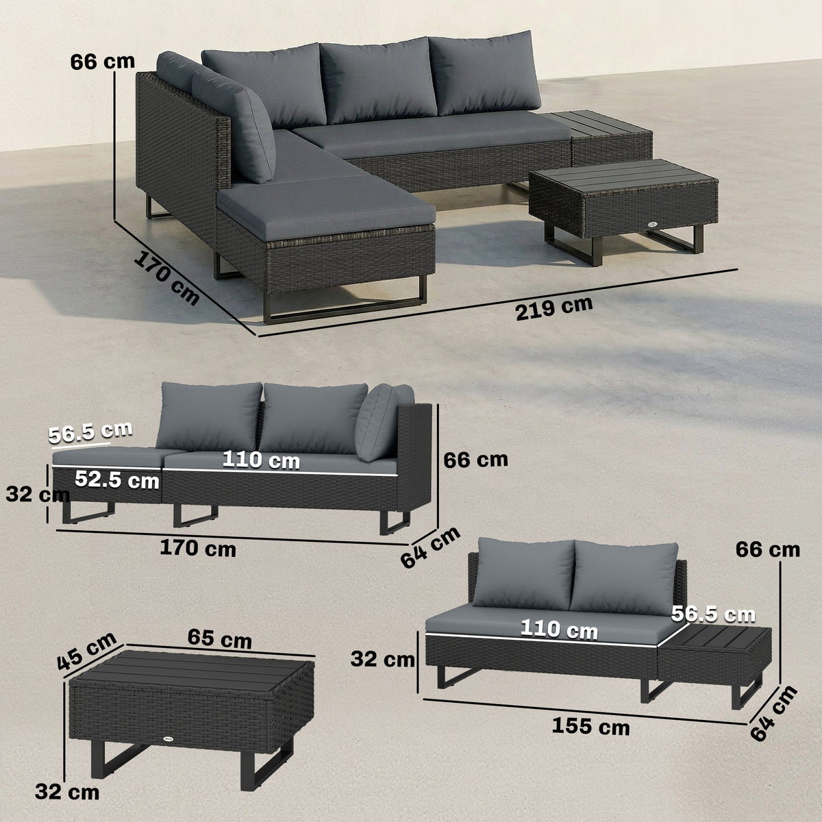 5-Seat L-Shaped Rattan Sofa Set with Adjustable Back, Cushions & Table Dark Grey — product view 5