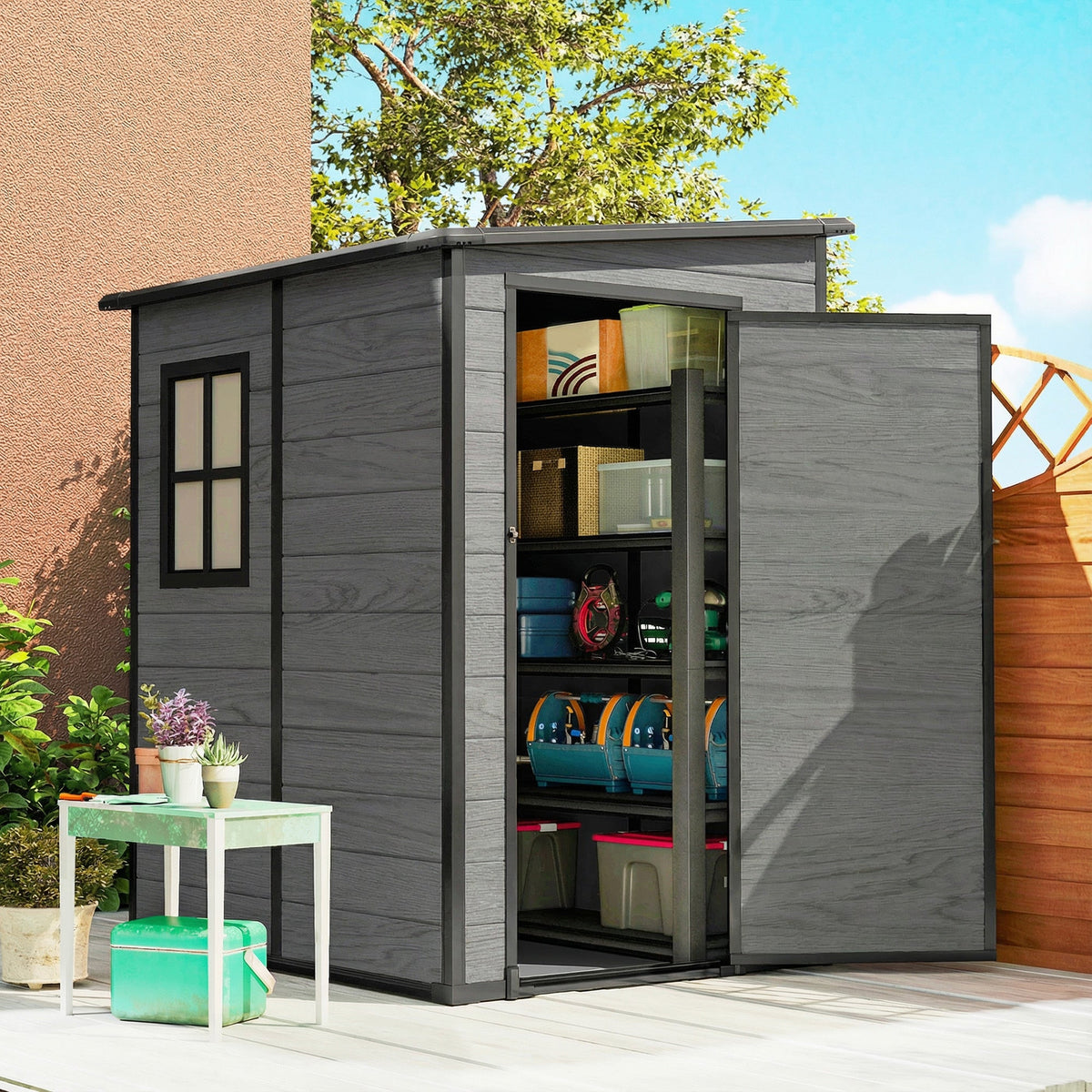 4 x 5FT Plastic Lean-to Garden Shed with Floor, Wood-Effect — product view 3