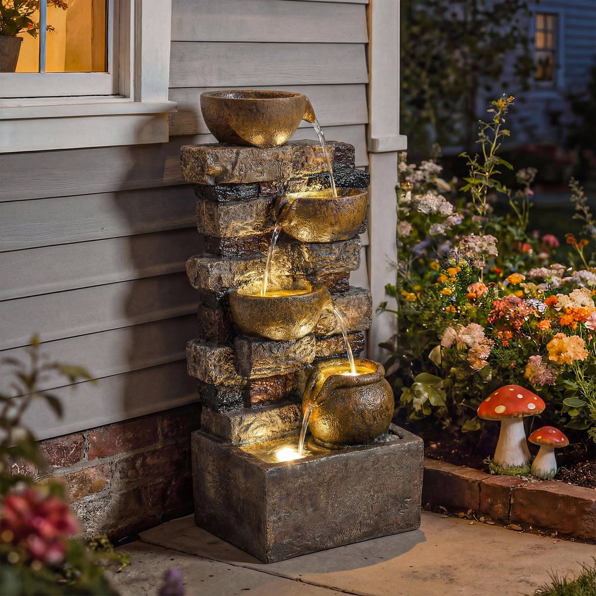 28" 5-Tier Outdoor Fountain with LED Lights and Adjustable Flow, Rustic Brown — product view 4