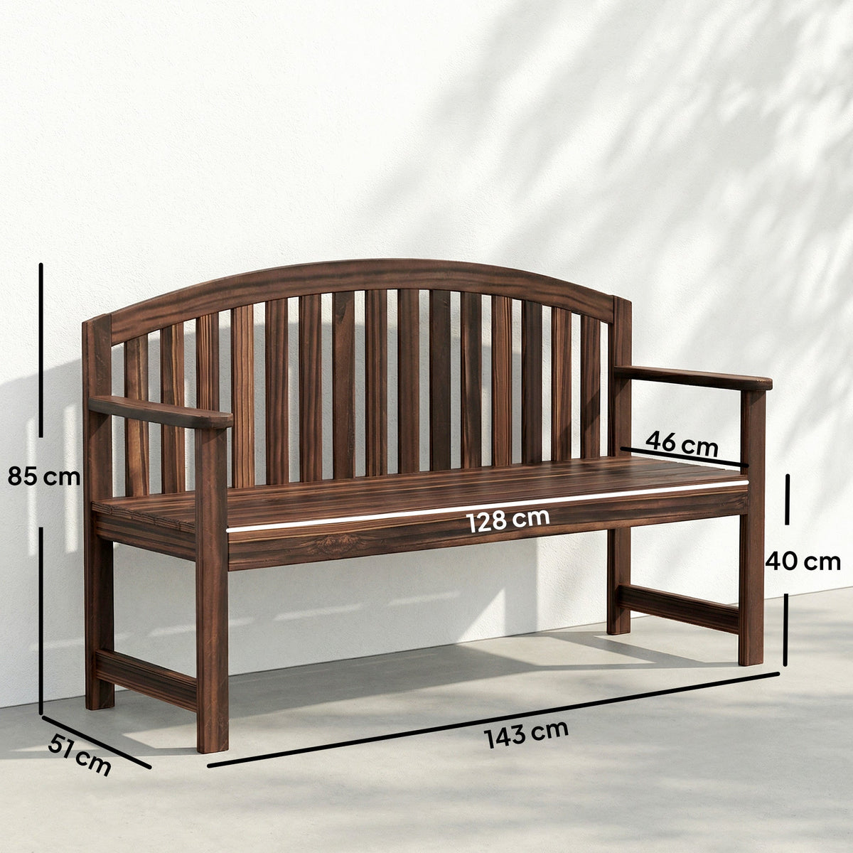 2 Seater Wooden Garden Bench with Armrests, Carbonised Finish — product view 5