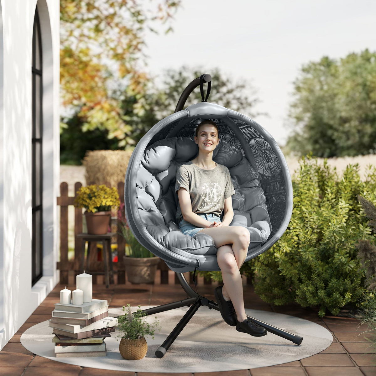 Outdoor Hanging Chair with Metal Stand, Foldable Basket & Side Pocket, Charcoal Grey — product view 3