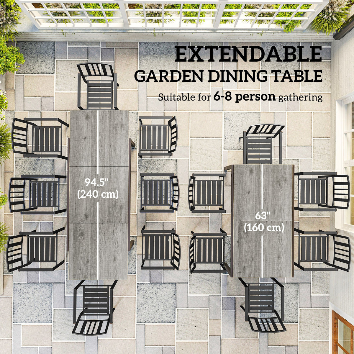 63"-94.5" Extendable Patio Dining Table for 6-8 People — product view 6