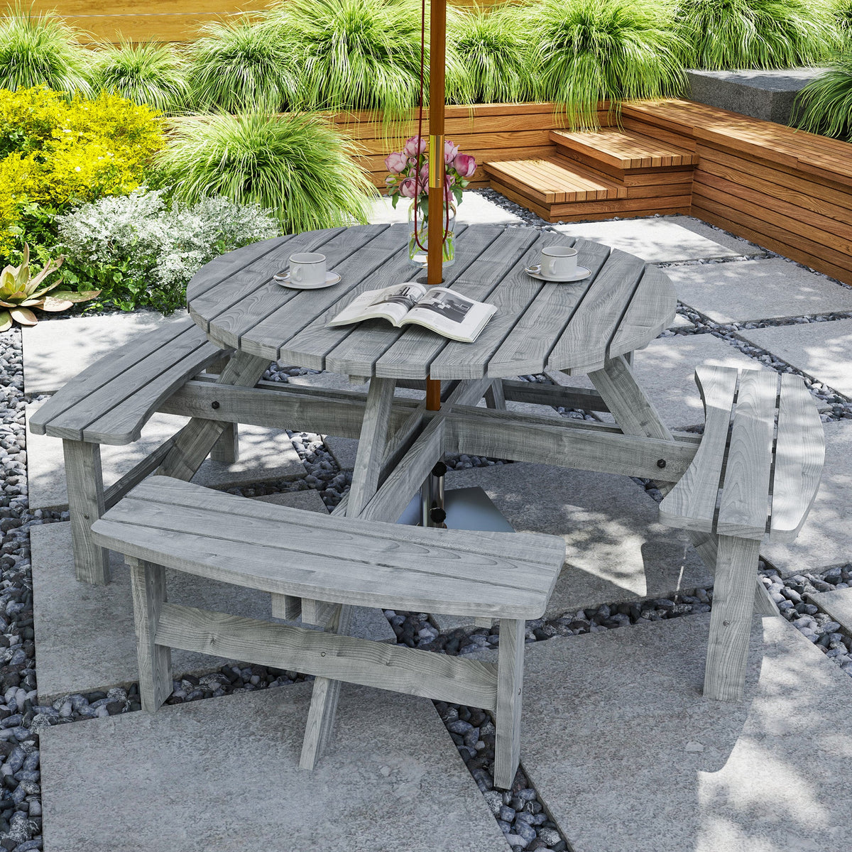 Wooden Patio Dining Set for 8 with Round Table and 4 Benches, Grey — product view 3