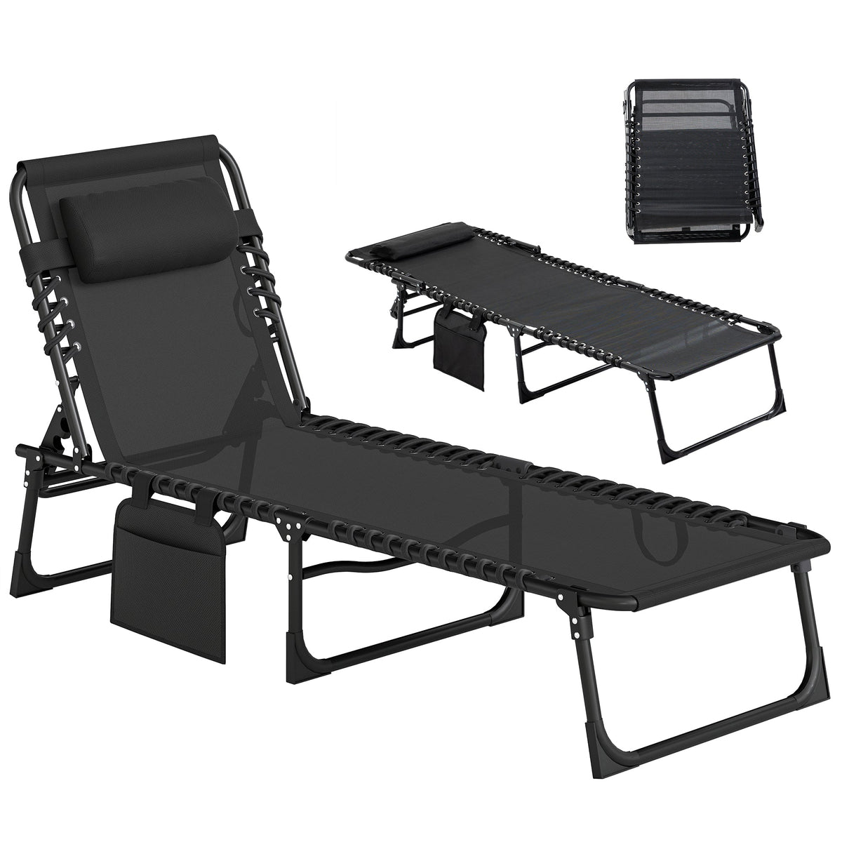 Folding Lounge Chair with Adjustable Backrest and Pillow, Black — product view 1